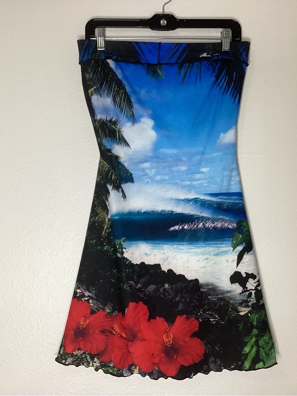 Y2K Aaron Chang Photo-Print Dress Lettuce Hem Beach Palm Trees Hibiscus Lg
